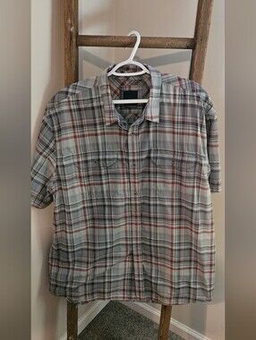 PrAna Men's Short-Sleeve Plaid Button-Up Shirt in Gray & Red